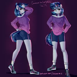 Size: 4000x4000 | Tagged: anthro, artist:xjenn9, ass, beautiful, butt, clothes, commission, commissioner:endbringer99, compression shorts, derpibooru import, female, hand on hip, happy, headphones, legs, plantigrade anthro, purple background, reference sheet, safe, sexy, shoes, shorts, simple background, smiling, smirk, sneakers, socks, solo, sunglasses, tail, tomboy, vinyl scratch