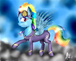 Size: 2500x2000 | Tagged: safe, artist:lrivalzl, derpibooru import, rainbow dash, pegasus, pony, cloud, female, jewelry, mare, necklace, on a cloud, raised hoof, shadowbolt dash, shadowbolts, sky, standing on cloud, wings