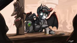 Size: 3188x1800 | Tagged: safe, artist:kam, deleted from derpibooru, derpibooru import, bat pony, fallout equestria, clothes, laser rifle, male, solo