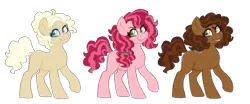 Size: 1024x427 | Tagged: safe, artist:azure-art-wave, derpibooru import, oc, oc:chocolate cake, oc:strawberry tart, oc:vanilla cream, unofficial characters only, earth pony, pony, female, mare, offspring, parent:cheese sandwich, parent:pinkie pie, parents:cheesepie, siblings, simple background, sisters, transparent background