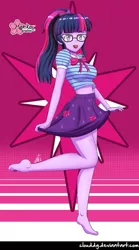Size: 569x1024 | Tagged: safe, alternate version, artist:clouddg, derpibooru import, edit, editor:thomasfan45, sci-twi, twilight sparkle, equestria girls, equestria girls series, barefoot, belly button, breasts, busty sci-twi, clothes, cute, feet, geode of telekinesis, glasses, happy, legs, looking at you, magical geodes, midriff, miniskirt, open mouth, ponytail, raised leg, sexy, signature, skirt, skirt lift, skirt pull, solo, twiabetes