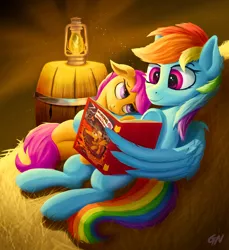 Size: 1241x1354 | Tagged: safe, artist:gouransion, derpibooru import, rainbow dash, scootaloo, pegasus, pony, daring do adventure collection, daring do and the marked thief of marapore, barrel, cuddling, cute, daring do book, duo, duo female, female, filly, hay, lantern, lying down, night, on back, reading, scootalove, stars, wing hold