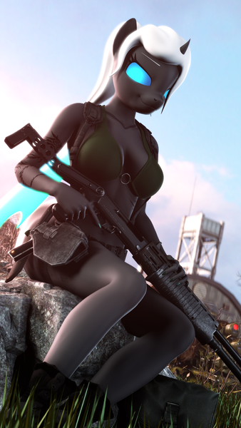 Size: 1080x1920 | Tagged: 3d, anthro, artist:jacob_lhh3, bra, breasts, changeling, changeling oc, clothes, derpibooru import, female, glowing eyes, guard tower, gun, handgun, hangar, holster, looking at you, military, oc, oc:dragonfly, outdoors, pistol, plantigrade anthro, ponytail, reasonably shaped breasts, reasonably sized breasts, safe, shotgun, sitting, smiling, smirk, solo, source filmmaker, spas-12, tattoo, trigger discipline, underwear, weapon, wings