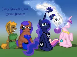 Size: 988x739 | Tagged: safe, artist:ravenpuff, deleted from derpibooru, derpibooru import, princess cadance, princess luna, oc, oc:skye gazer, oc:star shot, oc:ween, alicorn, earth pony, pegasus, pony, ethereal mane, female, flying, glowing horn, grin, horn, levitation, magic, mare, peytral, raised hoof, self-levitation, sharp teeth, sitting, sleeping bag, smiling, starry mane, teeth, telekinesis, text, unshorn fetlocks