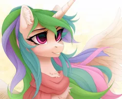 Size: 1280x1032 | Tagged: safe, artist:vird-gi, derpibooru import, princess celestia, alicorn, pony, alternate hairstyle, cheek fluff, chest fluff, clothes, cute, cutelestia, ear fluff, ponytail, scarf, simple background, smiling, solo, spread wings, white background, wings