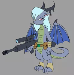 Size: 2024x2048 | Tagged: anthro, artist:omegapony16, derpibooru import, digitigrade anthro, dragon, dragoness, dragon oc, female, gray background, gun, oc, oc:oriponi, rifle, safe, simple background, solo, unofficial characters only, weapon