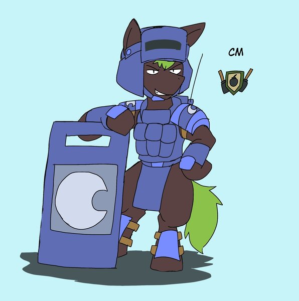 Size: 2036x2048 | Tagged: safe, artist:omegapony16, derpibooru import, oc, oc:oriponi, unofficial characters only, earth pony, pony, armor, bipedal, earth pony oc, grin, male, shield, smiling, soldier, solo, stallion