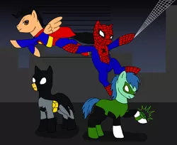 Size: 1703x1391 | Tagged: safe, artist:chili19, derpibooru import, ponified, earth pony, pegasus, pony, batman, cape, clothes, costume, crossover, flying, green lantern, male, mask, spider-man, stallion, superman, swinging