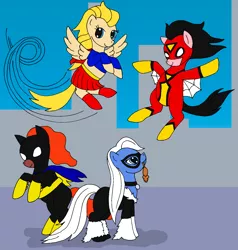 Size: 1632x1714 | Tagged: safe, artist:chili19, derpibooru import, ponified, earth pony, pegasus, pony, batgirl, black cat, cape, clothes, costume, crossover, female, flying, looking up, mare, mask, rearing, spider-woman, supergirl