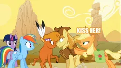 Size: 1366x768 | Tagged: safe, derpibooru import, edit, edited screencap, screencap, applejack, braeburn, little strongheart, rainbow dash, twilight sparkle, buffalo, earth pony, pegasus, pony, unicorn, over a barrel, braeheart, caption, female, image macro, male, mare, meme, shipper on deck, shipping, stallion, straight, text