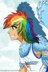 Size: 1181x1772 | Tagged: artist:inuhoshi-to-darkpen, chest feathers, clothes, derpibooru import, female, fluffy, grin, human, humanized, rainbow dash, safe, shoulder feathers, smiling, solo, tanktop, winged humanization, wings