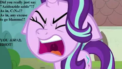 Size: 1280x720 | Tagged: censored vulgarity, chemistry, chemistry joke, derpibooru import, edit, edited screencap, faic, floppy ears, grawlixes, safe, screencap, solo, speech, starlight glimmer, talking, the parent map, this will end in explosions