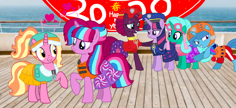 Size: 2340x1080 | Tagged: safe, artist:徐詩珮, derpibooru import, fizzlepop berrytwist, glitter drops, luster dawn, spring rain, tempest shadow, twilight sparkle, twilight sparkle (alicorn), oc, oc:bubble sparkle, alicorn, unicorn, series:sprglitemplight diary, series:sprglitemplight life jacket days, series:springshadowdrops diary, series:springshadowdrops life jacket days, alicorn oc, alternate universe, base used, bisexual, broken horn, bubbledawn, canon x oc, clothes, cute, equestria girls outfit, female, glitterbetes, glitterlight, glittershadow, happy new year, happy new year 2020, heart, holiday, horn, lesbian, lifeguard, lifeguard spring rain, lifejacket, magical lesbian spawn, magical threesome spawn, multiple parents, next generation, offspring, offspring shipping, parent:glitter drops, parent:spring rain, parent:tempest shadow, parent:twilight sparkle, parents:glittershadow, parents:sprglitemplight, parents:springdrops, parents:springshadow, parents:springshadowdrops, paw patrol, polyamory, shipping, sprglitemplight, springbetes, springdrops, springlight, springshadow, springshadowdrops, swimsuit, tempestbetes, tempestlight, wings