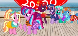 Size: 2340x1080 | Tagged: safe, artist:徐詩珮, derpibooru import, fizzlepop berrytwist, glitter drops, luster dawn, spring rain, tempest shadow, twilight sparkle, twilight sparkle (alicorn), oc, oc:bubble sparkle, alicorn, unicorn, series:sprglitemplight diary, series:sprglitemplight life jacket days, series:springshadowdrops diary, series:springshadowdrops life jacket days, alicorn oc, alternate universe, base used, bisexual, broken horn, bubbledawn, canon x oc, clothes, cute, equestria girls outfit, female, glitterbetes, glitterlight, glittershadow, happy new year, happy new year 2020, holiday, horn, lesbian, lifeguard, lifeguard spring rain, lifejacket, magical lesbian spawn, magical threesome spawn, multiple parents, next generation, offspring, offspring shipping, parent:glitter drops, parent:spring rain, parent:tempest shadow, parent:twilight sparkle, parents:glittershadow, parents:sprglitemplight, parents:springdrops, parents:springshadow, parents:springshadowdrops, paw patrol, polyamory, shipping, sprglitemplight, springbetes, springdrops, springlight, springshadow, springshadowdrops, swimsuit, tempestbetes, tempestlight, wings