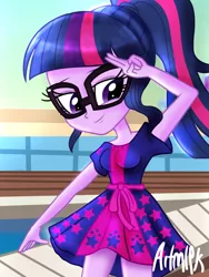 Size: 1800x2400 | Tagged: safe, artist:artmlpk, derpibooru import, sci-twi, twilight sparkle, equestria girls, equestria girls series, spring breakdown, spoiler:eqg series (season 2), clothes, cruise, cruise ship, cute, digital art, dress, flowing hair, glasses, hand on head, looking at you, luxe deluxe, ponytail, smiling at you, solo, swimming pool, twiabetes