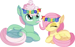 Size: 8954x5660 | Tagged: safe, artist:cyanlightning, derpibooru import, fluttershy, gentle breeze, pegasus, pony, .svg available, absurd resolution, blank flank, cute, duo, ear fluff, eyes closed, facial hair, father and child, father and daughter, female, filly, floral head wreath, flower, male, moustache, shyabetes, simple background, sitting, smiling, stallion, transparent background, vector, younger