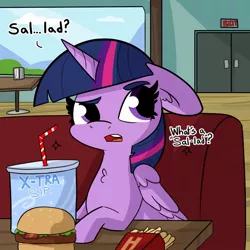 Size: 1080x1080 | Tagged: safe, artist:tjpones, derpibooru import, twilight sparkle, twilight sparkle (alicorn), alicorn, pony, bossy boots, burger, drink, floppy ears, food, french fries, meat, omnivore twilight, ponies eating meat, raised eyebrow, soda, solo, spongebob squarepants, this will end in sickness, this will end in weight gain, twilight burgkle