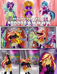 Size: 1280x1666 | Tagged: safe, artist:texasuberalles, derpibooru import, adagio dazzle, aria blaze, sonata dusk, sunset shimmer, equestria girls, rainbow rocks, abuse, adagibuse, alternate ending, angry, ariabuse, boots, clothes, comic, female, fin wings, folding chair, good end?, jacket, leather jacket, levitation, lyrics, magic, miniskirt, necktie, onomatopoeia, pigtails, ponytail, rageset shimmer, shoes, singing, skirt, sonatabuse, speakers, stage, telekinesis, text, the dazzlings, welcome to the show, wings