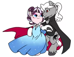 Size: 1276x996 | Tagged: safe, artist:yokokinawa, derpibooru import, oc, oc:dracula, oc:violet quill, unofficial characters only, unicorn, blushing, cape, clothes, dancing, dress, female, gala dress, looking at each other, male, mare, red eyes, simple background, stallion, straight, unshorn fetlocks, white background