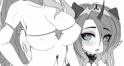 Size: 2448x1302 | Tagged: suggestive, artist:magnaluna, derpibooru import, princess celestia, princess luna, human, alicorn humanization, blushing, boobshot, breast overpour, breasts, busty princess celestia, cleavage, crown, curved horn, cute, cute little fangs, duo, erect nipples, fangs, female, horn, horned humanization, humanized, jewelry, monochrome, nipple outline, regalia, royal sisters, winged humanization, wings