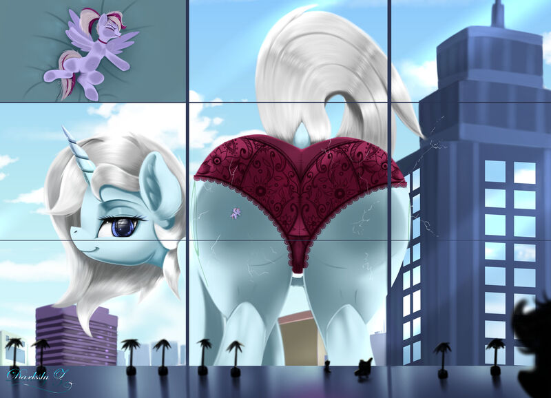 Size: 4500x3250 | Tagged: questionable, artist:darksly, derpibooru import, oc, oc:eula phi, oc:windbreaker, unofficial characters only, pegasus, pony, unicorn, against glass, butt, butt crush, butt focus, close-up, clothes, commission, dock, female, giant pony, glass, horn, macro, mare, on glass, panties, pattern, pegasus oc, tongue out, underwear, unicorn oc, wings
