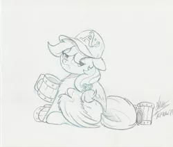 Size: 2816x2384 | Tagged: alcohol, artist:ncmares, beer, derpibooru import, grumpy, hat, looking back, mug, oakland athletics, oc, oc:vanilla creame, pegasus, safe, sitting, traditional art