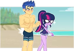 Size: 4000x2792 | Tagged: safe, artist:orin331, derpibooru import, flash sentry, sci-twi, twilight sparkle, equestria girls, abs, beach, blushing, clothes, duo, female, flashlight, glasses, male, role reversal, sciflash, shipping, spanking, straight, swimsuit