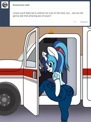 Size: 960x1280 | Tagged: suggestive, artist:lefthighkick, derpibooru import, shining armor, anthro, unicorn, ask bottom armor, ambulance, arm hooves, bipedal, bottom armor, butt, clothes, explicit source, femboy, grope, image, jpeg, looking at you, looking back, looking back at you, male, pants, shieldbutt, shining femboy armor, solo, solo male, the ass was fat, tongue out