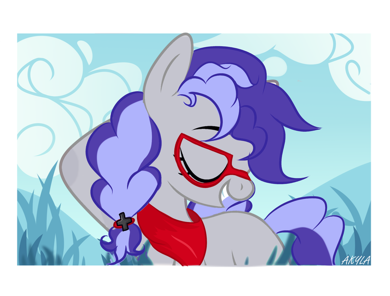 Size: 1863x1416 | Tagged: artist needed, safe, derpibooru import, oc, oc:cinnabyte, unofficial characters only, earth pony, adorkable, bandana, cute, dork, eyes closed, female, glasses, hairwhip, mare, smiling, solo