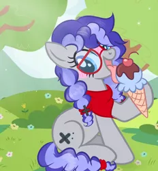 Size: 1482x1594 | Tagged: artist needed, safe, derpibooru import, oc, oc:cinnabyte, unofficial characters only, earth pony, adorkable, bandana, cute, dork, female, food, forest, glasses, ice cream, mare, smiling, solo