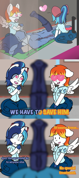 Size: 1280x2880 | Tagged: explicit, artist:lefthighkick, derpibooru import, shining armor, oc, oc:dookin foof lord, pegasus, unicorn, ask bottom armor, big penis, bottom armor, comic, femboy, gay, gurney, heart eyes, image, male, medial ring, nudity, penis, png, shining femboy armor, the ass was fat, wingding eyes