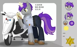 Size: 1465x900 | Tagged: safe, artist:99999999000, derpibooru import, oc, oc:liu rongxing, pony, unicorn, chinese text, clothes, motorcycle, pen, police, reference sheet