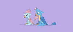 Size: 5840x2550 | Tagged: safe, artist:gd_inuk, derpibooru import, gallus, ocellus, changedling, changeling, gryphon, disguise, disguised changeling, duo, female, floppy ears, gallus is not amused, griffonized, happy, high res, male, purple background, simple background, sitting, species swap, unamused