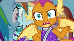 Size: 1280x720 | Tagged: safe, derpibooru import, screencap, ocellus, rainbow dash, smolder, changedling, changeling, dragon, pegasus, pony, 2 4 6 greaaat, angry, cap, cheerleader, cheerleader ocellus, cheerleader outfit, cheerleader smolder, clothes, coach, coach rainbow dash, coaching cap, curved horn, defensive, dragoness, fangs, female, frown, gym, hat, horn, horns, looking at each other, multicolored mane, obscured face, open mouth, slit eyes, smolder is not amused, spread wings, teenaged dragon, teenager, trio, unamused, wide eyes, wings