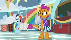 Size: 1920x1080 | Tagged: safe, derpibooru import, screencap, rainbow dash, smolder, dragon, pegasus, pony, 2 4 6 greaaat, angry, betrayed, cheerleader, cheerleader outfit, cheerleader smolder, clenched fist, clothes, coach rainbow dash, coaching cap, coaching whistle, confused, cute, dragoness, duo, fangs, female, folded wings, glare, gym, horns, mare, open mouth, pleated skirt, rant, skirt, slit eyes, smolder is not amused, smolderbetes, teacher and student, teenaged dragon, teenager, toes, unamused, whistle, whistle necklace, wings, yelling