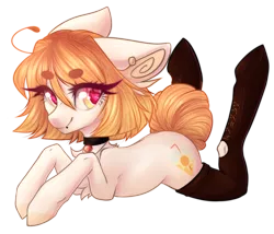 Size: 1882x1614 | Tagged: safe, artist:monogy, derpibooru import, oc, oc:summer shine, unofficial characters only, earth pony, pony, chest fluff, choker, clothes, ear piercing, earring, female, heart eyes, jewelry, mare, piercing, prone, simple background, socks, solo, thigh highs, transparent background, wingding eyes