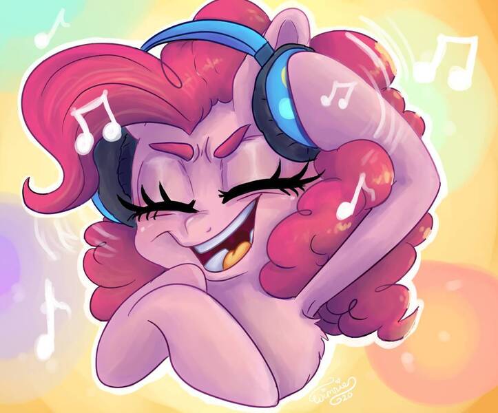 Size: 1190x987 | Tagged: safe, artist:wimsie, derpibooru import, pinkie pie, earth pony, pony, armpits, bust, clothes, eyes closed, headphones, listening, open clothes, portrait