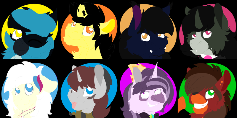 Size: 8000x4000 | Tagged: safe, artist:euspuche, derpibooru import, oc, oc:lactis, oc:neo, oc:pan, oc:potasio, oc:sun burns, oc:trèble, oc:zalam, alicorn, bat pony, demon, earth pony, gryphon, pegasus, robot, bust, lineless, portrait