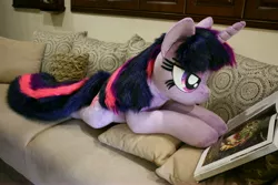 Size: 4096x2731 | Tagged: safe, artist:ponimalion, derpibooru import, twilight sparkle, unicorn, bed, bedroom eyes, book, horn, irl, life size, photo, reading