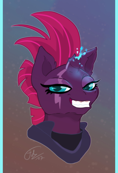 Size: 1589x2342 | Tagged: safe, artist:thefredricus, derpibooru import, tempest shadow, pony, unicorn, my little pony: the movie, broken horn, bust, evil grin, eye scar, female, gradient background, grin, gums, head only, horn, looking at you, mare, portrait, scar, smiling, smug, smugest shadow, solo, sparking horn