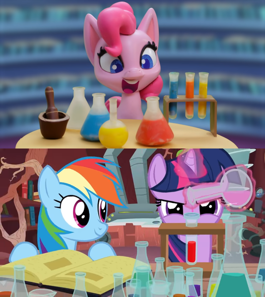 Size: 868x976 | Tagged: safe, artist:flamingo1986, derpibooru import, edit, screencap, pinkie pie, rainbow dash, twilight sparkle, earth pony, pony, double rainboom, my little pony: pony life, my little pony: stop motion short, potion party, book, chemistry, comparison, library, magic, open mouth, smiling, telekinesis, twilight's castle, twilight's castle library