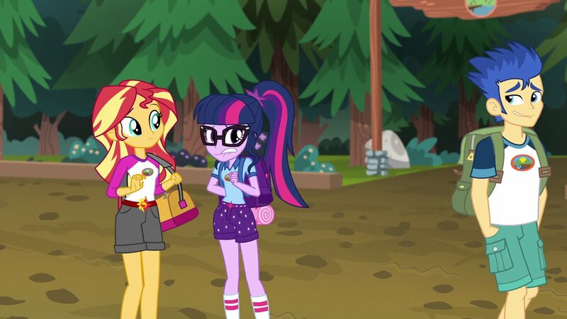 Size: 1920x1080 | Tagged: safe, derpibooru import, screencap, flash sentry, sci-twi, sunset shimmer, twilight sparkle, equestria girls, legend of everfree, awkward, backpack, camp everfree logo, camp everfree outfits, friendzone sentry, glasses, hands in pockets, legs, ponytail, shipping denied