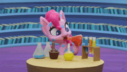 Size: 800x450 | Tagged: safe, derpibooru import, screencap, pinkie pie, earth pony, pony, my little pony: pony life, my little pony: stop motion short, potion party, animated, book, bookshelf, drinking, flash, floating, gif, happy, hiccups, levitation, magic, potion, solo, stop motion, surprised, table, telekinesis, twilight's castle