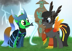 Size: 2673x1908 | Tagged: safe, artist:dyonys, derpibooru import, oc, oc:lucky brush, oc:tanner, earth pony, pegasus, phoenix, pony, clothes, costume, dota 2, female, helmet, lightning, looking at each other, male, mare, mouth hold, phoenix dota, ponytail, raised hoof, razor, razor dota, show accurate, smiling, stallion, whip