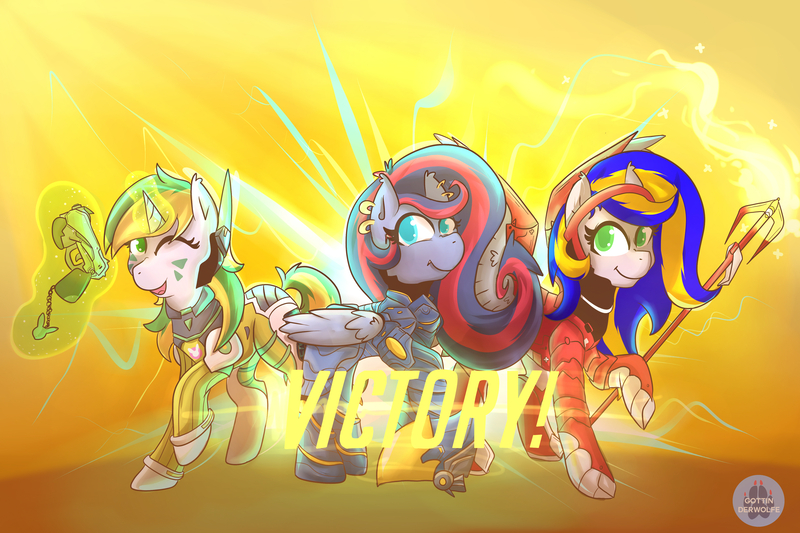 Size: 4500x3000 | Tagged: safe, artist:gottinderwolf, derpibooru import, oc, oc:eagle fly, oc:green stars, oc:lycania, pony, dva, dva(overwatch), mercy, overwatch, pharah