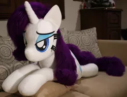 Size: 1024x781 | Tagged: safe, artist:ponimalion, derpibooru import, rarity, pony, bed, life size, plushie