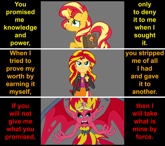 Size: 1134x1003 | Tagged: safe, artist:silverbuller, derpibooru import, sunset shimmer, demon, pony, unicorn, equestria girls, equestria girls (movie), bag, big crown thingy, don't dead open inside, element of magic, evil, female, jewelry, mare, regalia, saddle bag, sunset satan, text