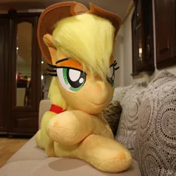 Size: 1024x1024 | Tagged: safe, artist:ponimalion, derpibooru import, applejack, pony, bed, female, hat, irl, life size, mare, photo, plushie