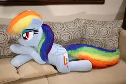 Size: 1024x683 | Tagged: safe, artist:ponimalion, derpibooru import, rainbow dash, pegasus, pony, bed, female, folded wings, irl, life size, mare, photo, plushie, prone, wings