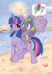 Size: 600x852 | Tagged: safe, artist:thefredricus, derpibooru import, spike, twilight sparkle, twilight sparkle (alicorn), alicorn, bird, crab, dragon, pony, seagull, beach, boat, cute, deviantart watermark, dragons riding ponies, duo, female, food, heat, hoofprints, hot, ice cream, ink drawing, lens flare, looking at each other, male, mama twilight, mare, marker drawing, obtrusive watermark, ocean, open mouth, pictogram, pointing, question mark, riding, sandcastle, seashell, smiling, speaking in images, spikabetes, summer, sun, sun glare, sweat, traditional art, twiabetes, walking, watermark, wing umbrella